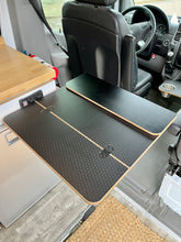 Load image into Gallery viewer, Camper van/RV Folding Black Hex Lagun Table, 1/2" thick, 21 1/2"x14" folded, 21 1/2"x28" extended. Ships with preinstalled hinges, no predrilled holes. Made in San Diego, CA, with free shipping in the lower 48 USA. Wood tabletop only, mount not included.