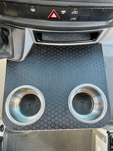 Load image into Gallery viewer, Sprinter NCV3 06-18 Black Hex Cup Holder Snack Tray, XL Stainless Cup Holders, 12"x10.25". Features textured Black hex laminate top, 1/2" Baltic birch plywood base. Ideal for snacks and phone storage. Handcrafted with Patent Pending design in San Diego, CA. Free shipping in the lower 48 USA.