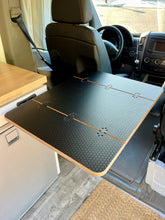 Load image into Gallery viewer, Folding Black Hex Lagun Table, 3/4" thick for camper vans and RVs, priced at $319.00. Measures 21 1/2"x14" folded and 21 1/2"x28" extended. Made of 3/4" Black Hex laminated Baltic Birch with beveled edges and rounded corners. Includes six mortised flush mount hinges. No mount included.