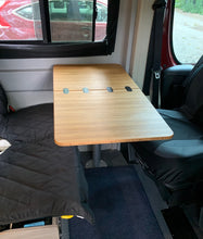 Load image into Gallery viewer, Folding Bamboo Winnebago Solis/Revel Table, priced at $399.00. Measures 18"x17.5" folded and 18"x35" open. Made of 1/2" solid Plyboo© bamboo with beveled edges and rounded corners. Includes four mortised flush mount hinges. Reuses factory table pole mount.