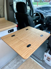 Load image into Gallery viewer, Folding Bamboo Lagun Table for Camper Vans and RVs, priced at $289.00. Measures 21 1/2"x14" when folded and 21 1/2"x28" when fully extended. Made from 1/2" Solid Plyboo© Bamboo with a Rubio Monocoat Natural Oil Finish. Features four mortised flush mount hinges. Wood tabletop only, mount not included.