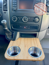 Load image into Gallery viewer, Mercedes-Benz Sprinter NCV3 06-18 Cup Holder Snack Tray with XL Stainless Cup Holders. Converts factory sliding cup holders into a small table. Made from 1/2" Solid Plyboo© Bamboo with Rubio Monocoat Natural Oil Finish. Size: 12"x10.25". Easy installation/removal, no vehicle modification required.