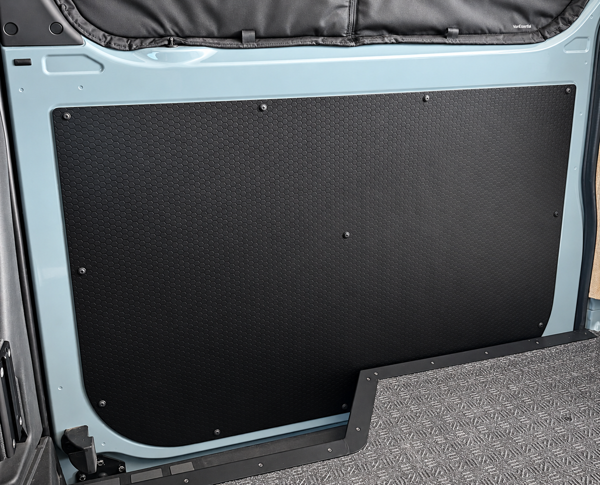 Black hex-pattern lower slider door panel, rectangular with corner screws