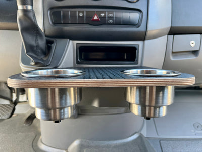 Cup Holder Snack Tray for Mercedes-Benz Sprinter NCV3 06-18, Black Hex Texture, XL Stainless Cup Holders, 12"x10.25". Converts sliding cup holders into a stable table. Handmade in San Diego, CA, with free UPS Ground shipping in the lower 48 USA.