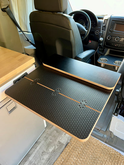Camper van/RV Folding Black Hex Lagun Table, 3/4" thick, 21 1/2"x14" folded, 21 1/2"x28" extended. Ships with preinstalled hinges, no predrilled holes. Made in San Diego, CA, with free shipping in the lower 48 USA. Wood tabletop only, mount not included.