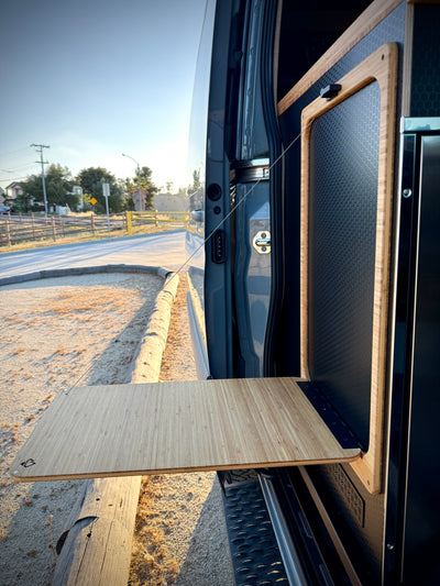 Bamboo folding table attached to a vehicle door