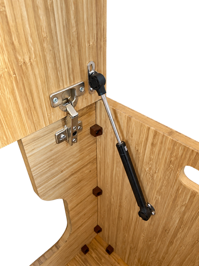 Bamboo cabinet hinge and lift strut mechanism with metal hardware