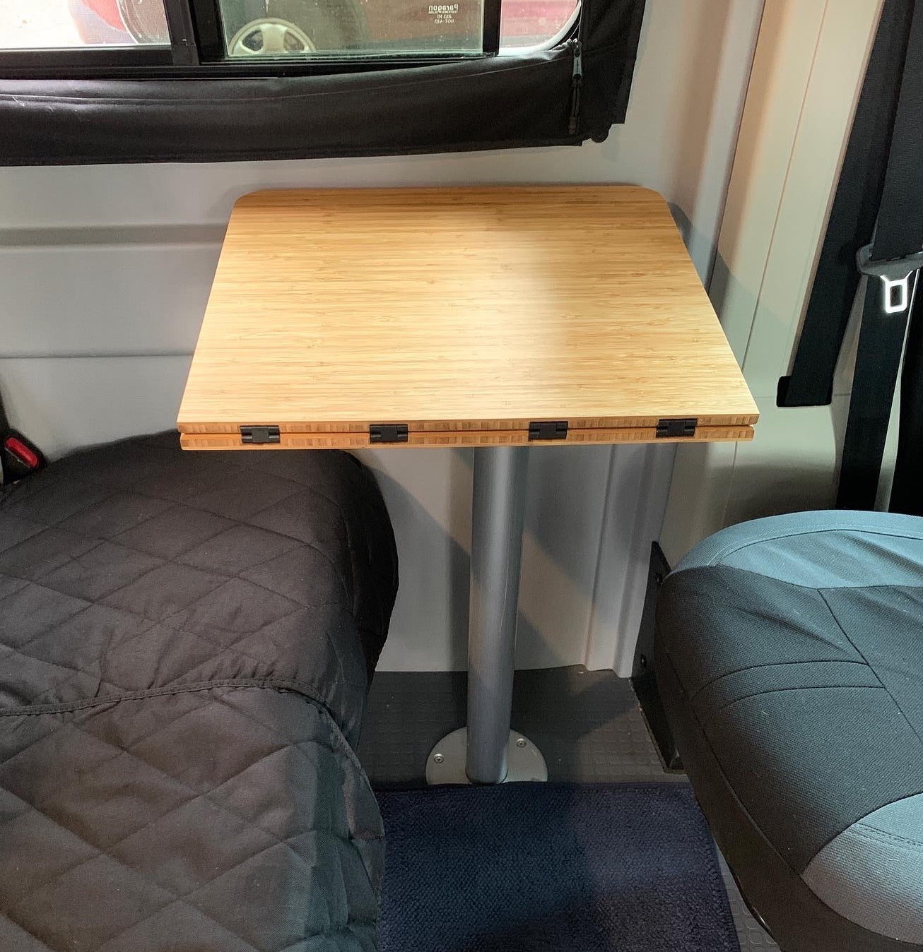 Winnebago Solis/Revel Folding Bamboo Table, 1/2" thick, 18"x17.5" folded, 18"x35" open. Ships with preinstalled hinges, no predrilled holes. Made in San Diego, CA. Free shipping in the lower 48 USA. Wood tabletop only, mount not included.
