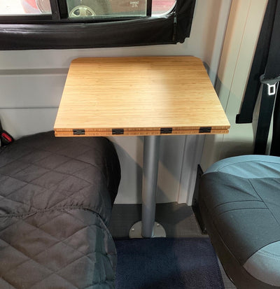Winnebago Solis/Revel Folding Bamboo Table, 1/2" thick, 18"x17.5" folded, 18"x35" open. Ships with preinstalled hinges, no predrilled holes. Made in San Diego, CA. Free shipping in the lower 48 USA. Wood tabletop only, mount not included.