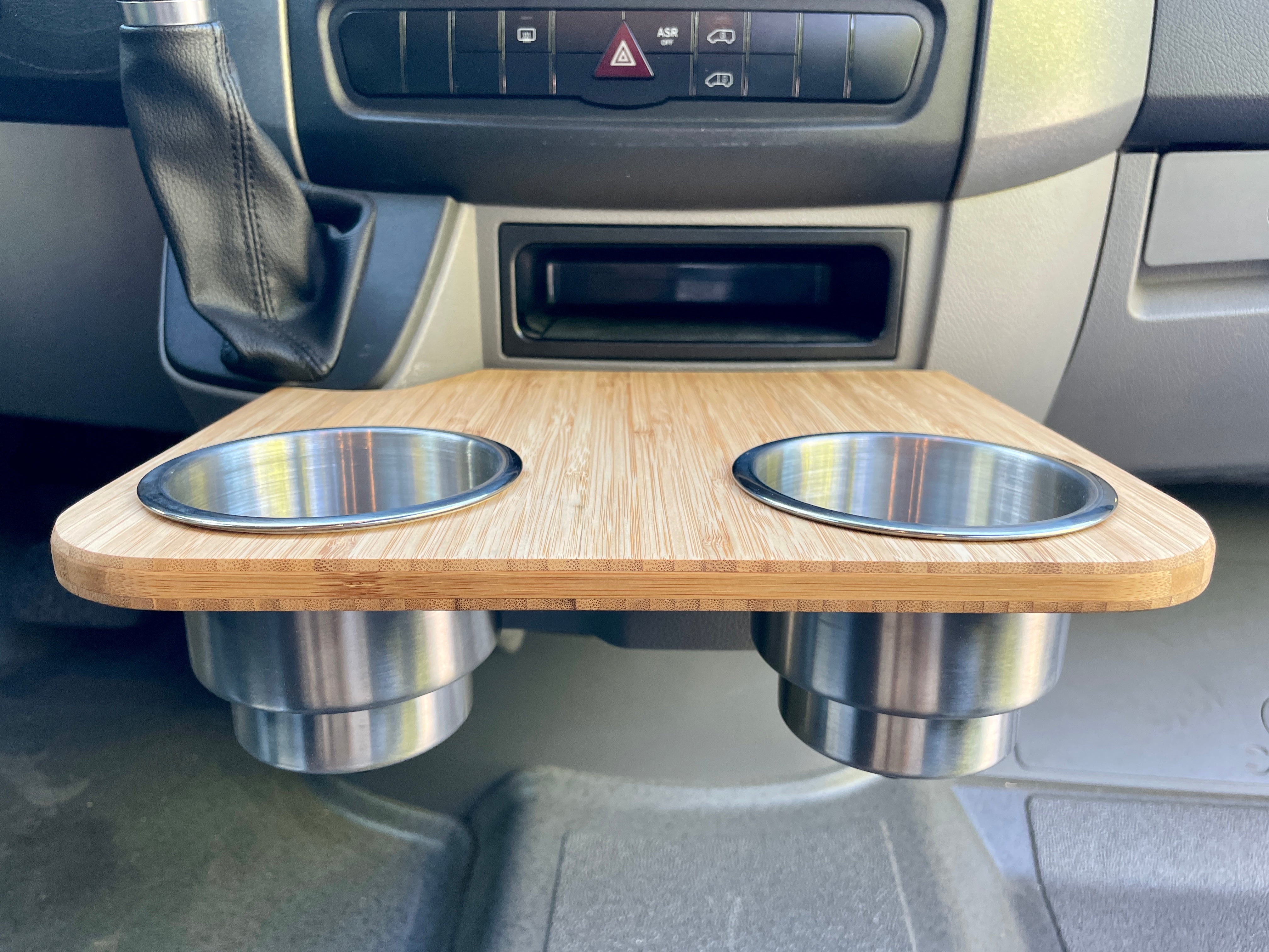 Cup Holder Snack Tray for Mercedes-Benz Sprinter NCV3 06-18, XL Stainless Cup Holders, 12"x10.25". Bamboo Amber finish, 1/2" Solid Plyboo© Bamboo. Converts sliding cup holders into a stable table. Handmade in San Diego, CA, with free UPS Ground shipping in the lower 48 USA.