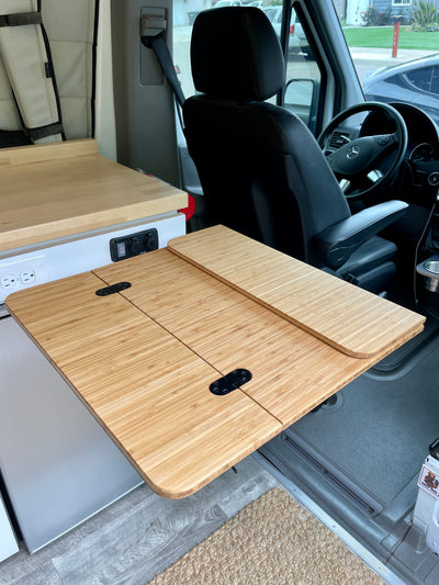 Folding Bamboo Table for Lagun Mounts, 1/2" Solid Plyboo© Bamboo. Size: 21 1/2"x14" folded, 21 1/2"x28" extended. No predrilled holes. Designed with beveled edge and rounded corners. Ready to mount with hinges preinstalled. Made in San Diego, CA. Ships free to valid street addresses in the lower 48 USA.