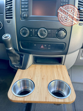 Load image into Gallery viewer, Mercedes-Benz Sprinter NCV3 06-18 Cup Holder Snack Tray with XL Stainless Cup Holders. Converts factory sliding cup holders into a small table. Made from 1/2&quot; Solid Plyboo© Bamboo with Rubio Monocoat Natural Oil Finish. Size: 12&quot;x10.25&quot;. Easy installation/removal, no vehicle modification required.
